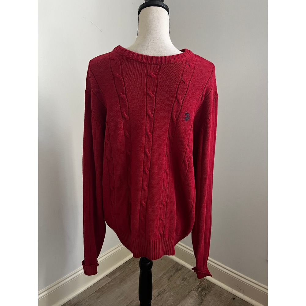 Polo Mens Large Cable Knit Sweater Red Crewneck Preppy Collegiate Layer Casual